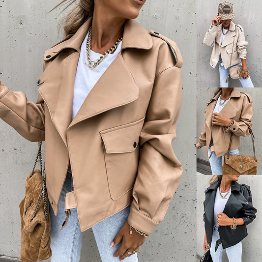 Veste en cuir pour femme, coupe ample