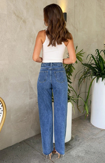 Jeans droits à taille oblique, perles croisées et ourlet effiloché